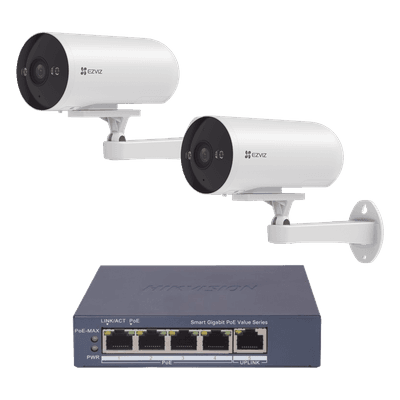 Kit de Videovigilancia PoE / 2 Cámaras IP 3 Megapixel / Switch 4 Puertos PoE+ Gigabit / Visión Nocturna a Color / IP67 / Audio Bidireccional / Luz y Sirena