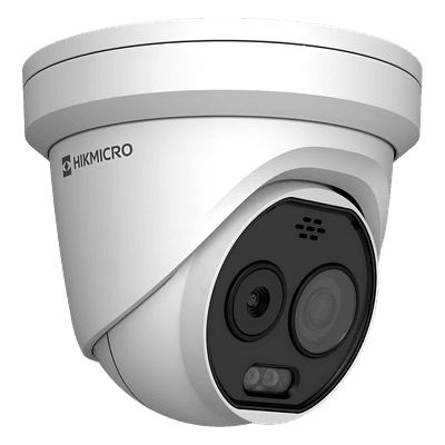 Cámara Turret IP Bi-espectral / Térmica 256×192 / Óptica 5 Megapixel / Detección de Temperatura -20°C a 650°C / Dual Light 30 m (98.4 ft) / IA Avanzada