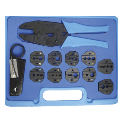Kit de Herramientas para Conectores Coaxiales / 10 Muelas Intercambiables / Pinzas con Trinquete / Desforradoras Ajustables / Rango 0.042-0.429 in