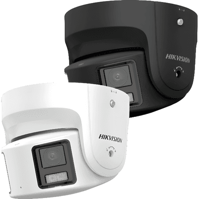 Cámara Turret IP Panorámica / 8 Megapixel / Dual Lente 4 mm / 180° / ColorVu 24/7 / Luz Blanca 30 m (98.4 ft) / WDR 130 dB / AcuSense / Alarma de Luz y Audio / IP67 / PoE