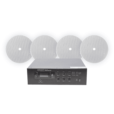 Kit de Voceo 70/100V / Amplificador 120W RMS / 4 Altavoces de 6" / Bluetooth y MP3 / Montaje en Techo