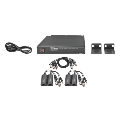 Kit de 4 canales de para transmisión de ALIMENTACION ( de 36 Vcc a 12Vcc ) y VIDEO (HD-TVI) a distancias de hasta 250 mts.