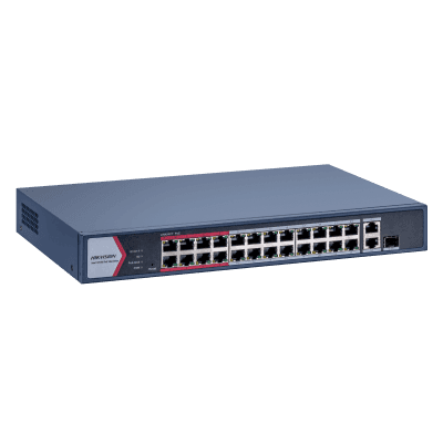 Switch Gigabit PoE+ / Monitoreable / 24 Puertos 1000 Mbps PoE+ / 1 Puerto 1000 Mbps de Uplink / 1 Puerto SFP / Configuración Nube desde Hik-PartnerPro / Modo Extendido hasta 300 Metros / 230 Watts