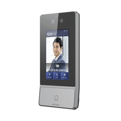 Videoportero IP 2 Megapixel / Llamada y Apertura Remota desde App Hik-Connect / Reconocimiento Facial / Panel touch 4.3"/ Exterior IP65 + Antivandalico IK08 / Botón mecanico de llamada / PoE / 1 Departamento / Apertura con Tarjeta, Codigo PIN