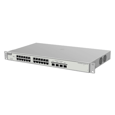 Switch Administrable PoE+ / 24 Puertos Gigabit / 4 SFP+ 10 Gb / Capacidad 128 Gbps / 370 W PoE / Gestión Cloud