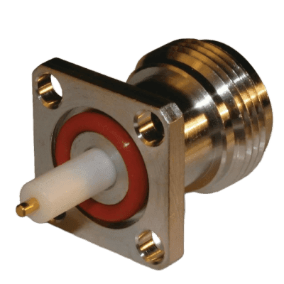 Conector RF / N Hembra / Soldable / Chasis 4 perforaciones / 18 mm / Bronce plateado / Contacto oro