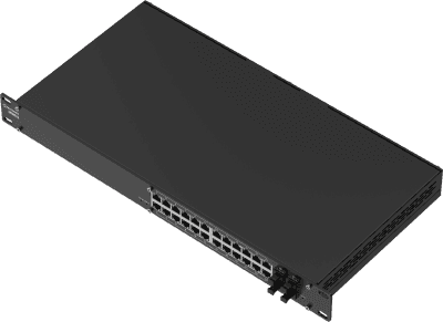 Switch Administrable L2+ / 24 Puertos PoE+ Gigabit / 4 Puertos SFP / Capacidad 56 Gbps / 300W PoE / Rack 19" / IP30